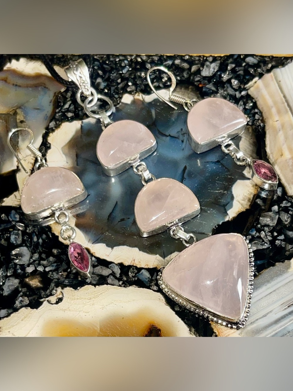 Light Pink Rose Quartz Pendant & Earrings- Stone of Pure Love